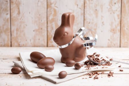 Delicious seasonal chocolate Easter bunny and eggsの写真素材