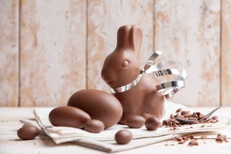 Delicious seasonal chocolate Easter bunny and eggsの写真素材