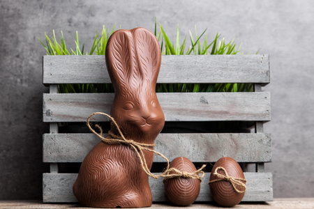 Traditional delicious Easter chocolate bunny and eggsの写真素材