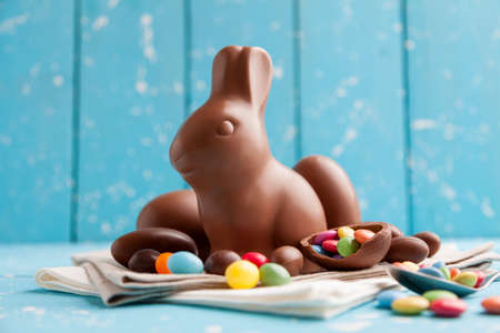 Delicious seasonal chocolate Easter bunny, eggs and sweetsの写真素材
