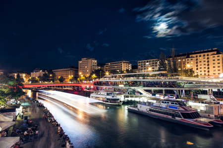 Popular Schwedenplatz in Vienna Austria at nightのeditorial素材