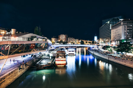 Popular Schwedenplatz in Vienna Austria at nightのeditorial素材