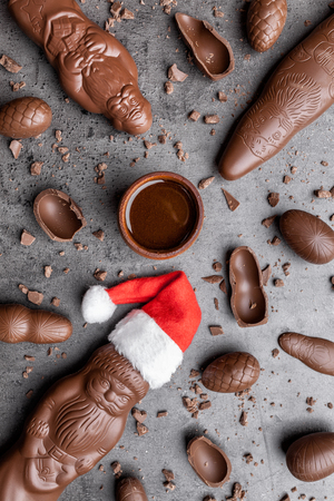 Delicious festive Christmas chocolate and sweets on rustic backgroundの写真素材
