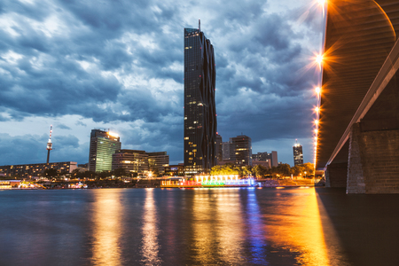 Beautiful Vienna skyline on the Danube river at nightの写真素材