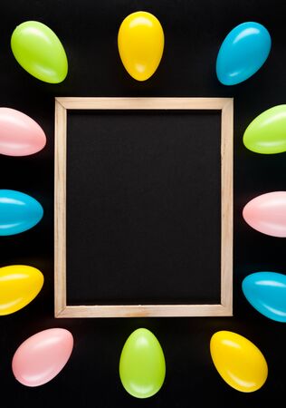 Traditional Easter eggs on a black backgroundの写真素材