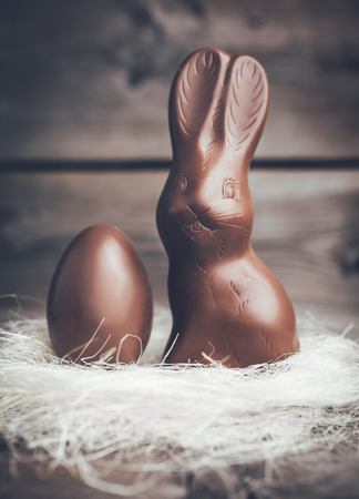 Delicious chocolate Easter bunny and egg on wooden backgroundの写真素材