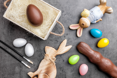 Variety of traditional Easter decoration on a rustic backgroundの写真素材
