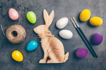 Variety of traditional Easter decoration on a rustic backgroundの写真素材
