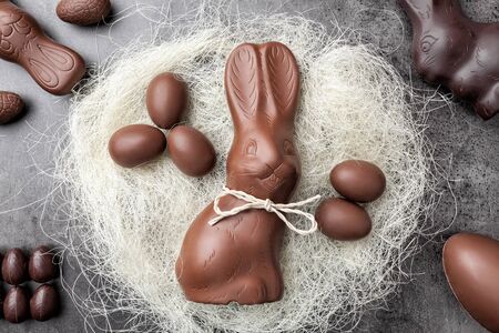 Delicious chocolate Easter bunny and eggs in a nest on rustic backgroundの写真素材