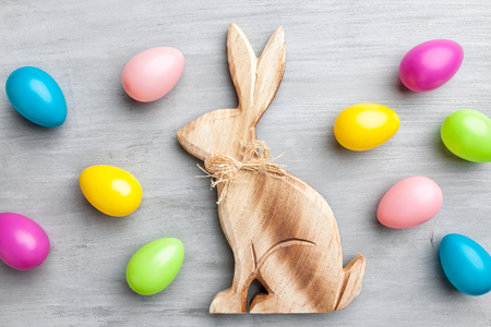 Traditional Easter holiday bunny on a rustic backgroundの写真素材
