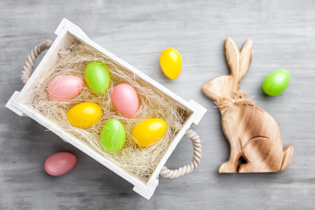 Traditional Easter holiday basket with a bunny and eggs