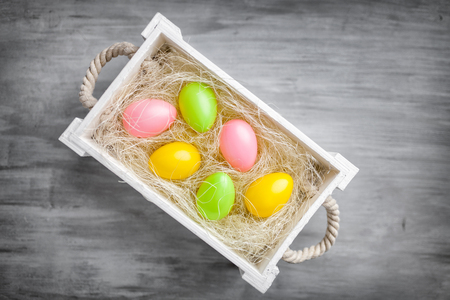 Traditional Easter holiday basket full of eggsの写真素材