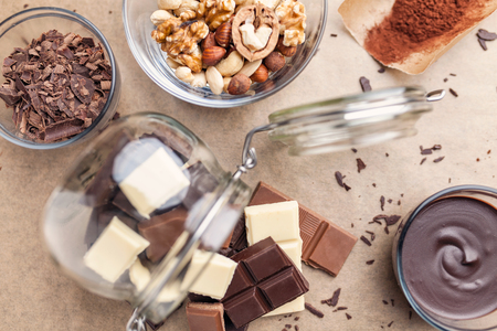 Variety of delicious chocolate bars in a jarの写真素材
