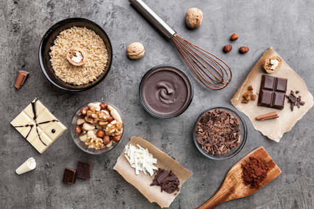 Delicious and sweet variety of chocole on rustic backgroundの写真素材