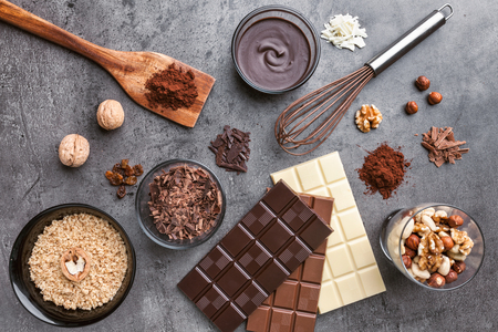 Delicious and sweet variety of chocole on rustic backgroundの写真素材