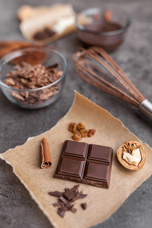Delicious and sweet variety of chocole on rustic backgroundの写真素材