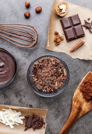 Delicious and sweet variety of chocole on rustic backgroundの写真素材