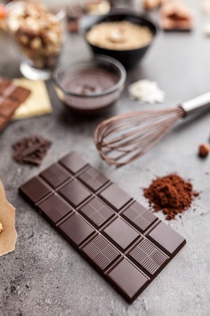 Delicious and sweet variety of chocole on rustic backgroundの写真素材