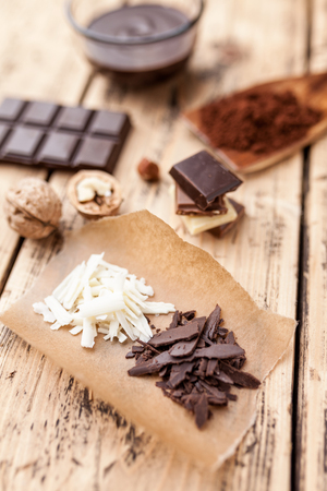 Variety of delicious chocolate on wooden backgroundの写真素材