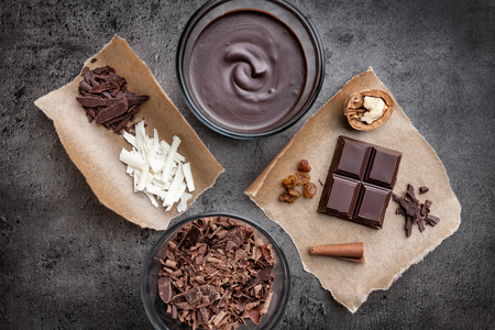 Variety of delicious chocolate on wooden backgroundの写真素材