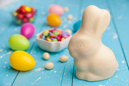 Delicious and traditional white chocolate Easter holiday bunny,の写真素材