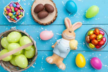 Traditional Easter holiday bunny and eggs on white backgroundの写真素材