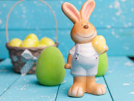 Traditional Easter holiday bunny and eggs on white backgroundの写真素材