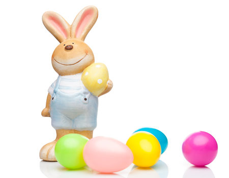 Traditional Easter holiday bunny and eggs on white backgroundの写真素材