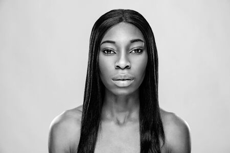 Face of an young black beauty in black and whiteの写真素材