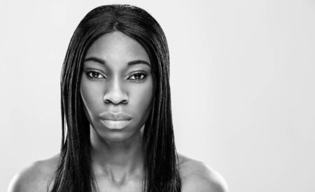 Face of an young black beauty in black and whiteの写真素材