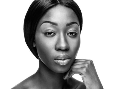 Face of an young black beauty in black and whiteの写真素材