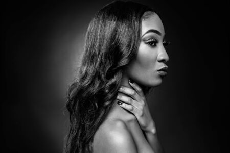 Face of an young black beauty in black and whiteの写真素材