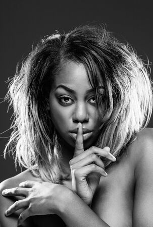 Face of an young black beauty in black and whiteの写真素材