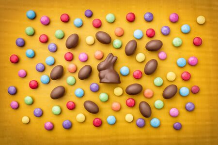 Delicious Easter holiday chocolate bunny, eggs and sweets