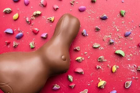 Delicious Easter holiday chocolate bunny, eggs and sweets