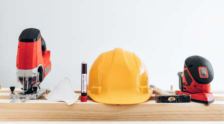 Builder unable to work during the coronavirus Covid 19 lockdownの写真素材