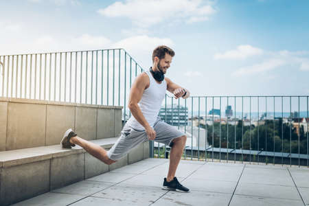Outdoor health and fitness workout on a rooftop terrace