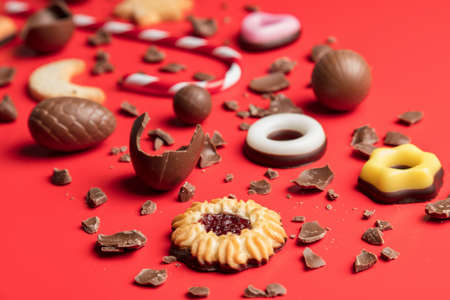 Delicious festive Christmas chocolate and sweets for the holiday periodの写真素材