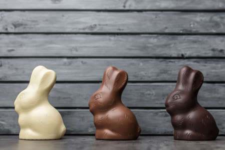 Delicious Easter holiday chocolate bunny, eggs and sweetsの写真素材