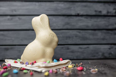 Delicious Easter holiday chocolate bunny, eggs and sweetsの写真素材