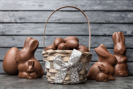 Delicious Easter holiday chocolate bunny, eggs and sweetsの写真素材