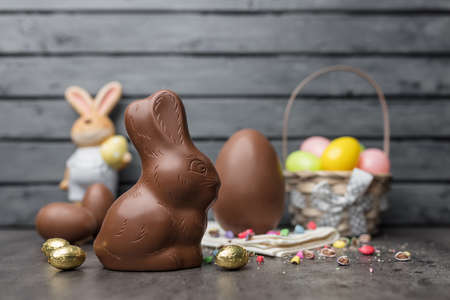 Delicious Easter holiday chocolate bunny, eggs and sweetsの写真素材