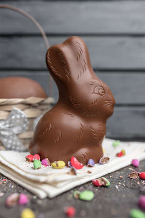 Delicious Easter holiday chocolate bunny, eggs and sweetsの写真素材