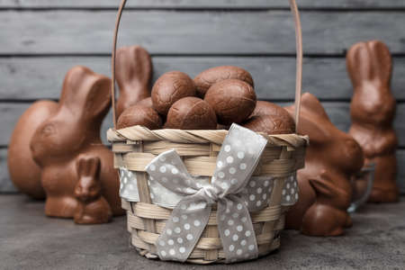 Delicious Easter holiday chocolate bunny, eggs and sweetsの写真素材