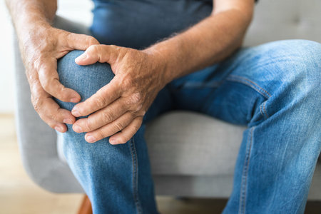 Senior man holding his painful kneeの写真素材