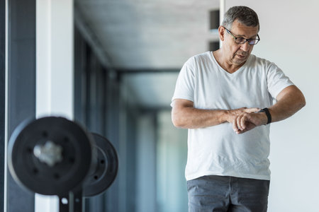 Active and healthy senior exercising in a gymの写真素材