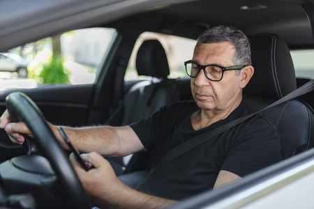 Active senior in his 70s driving a car and usig his mobile phoneの写真素材