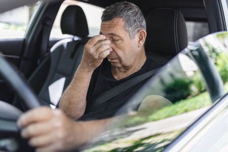 Tired pensioner in his 70s, dring in a carの写真素材