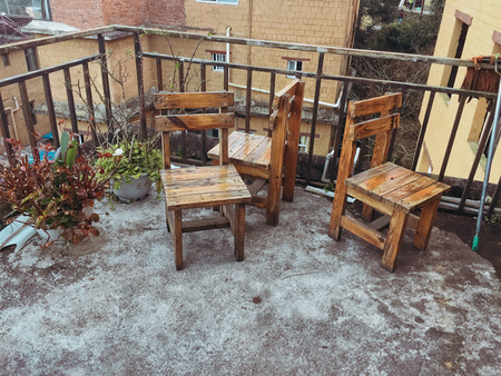 Wooden chairs in the balcony (Yuanyang, Yunnan, China)の写真素材