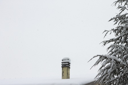 Isolated snowy chimney near a fir with snow (Pesaro, Italy)の写真素材